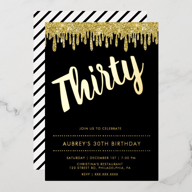 Modern Black Gold 30th Birthday Foil Invitation (Front/Back)