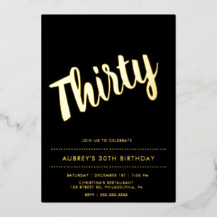 Modern Black Gold 30th Birthday Foil Invitation