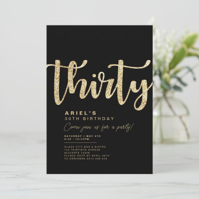 Modern Black & Gold 30th Birthday Invitation (Standing Front)