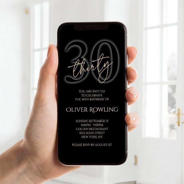 Modern Black Gold 30th Birthday Mobile Invite (Modern Black Gold 30th Birthday Mobile Invite)