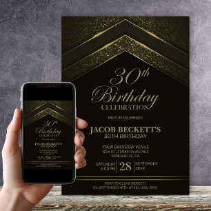 Modern Black Gold 30th Birthday Party Invitation