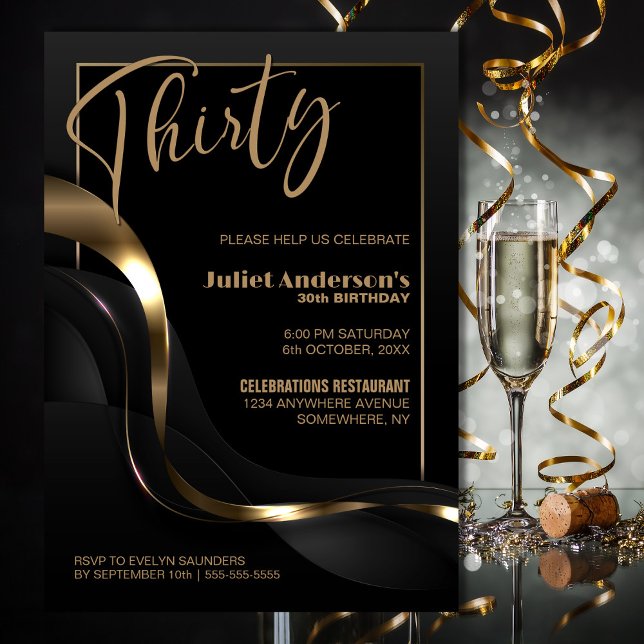 Modern Black Gold 30th Birthday Party Invitation (Creator Uploaded)