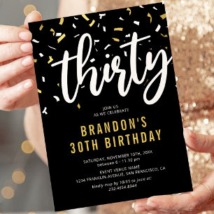 Modern Black & Gold 30th Birthday Party Invitation