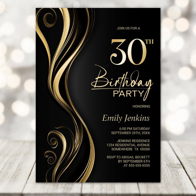 Modern Black Gold 30th Birthday Party Invitation (Creator Uploaded)