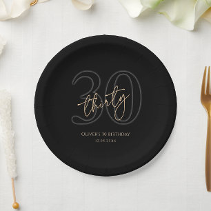 Modern Black Gold 30th Birthday Party Paper Plates