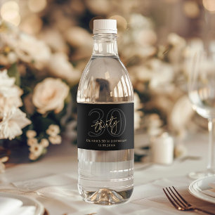 Modern Black Gold 30th Birthday Party Water Bottle Label