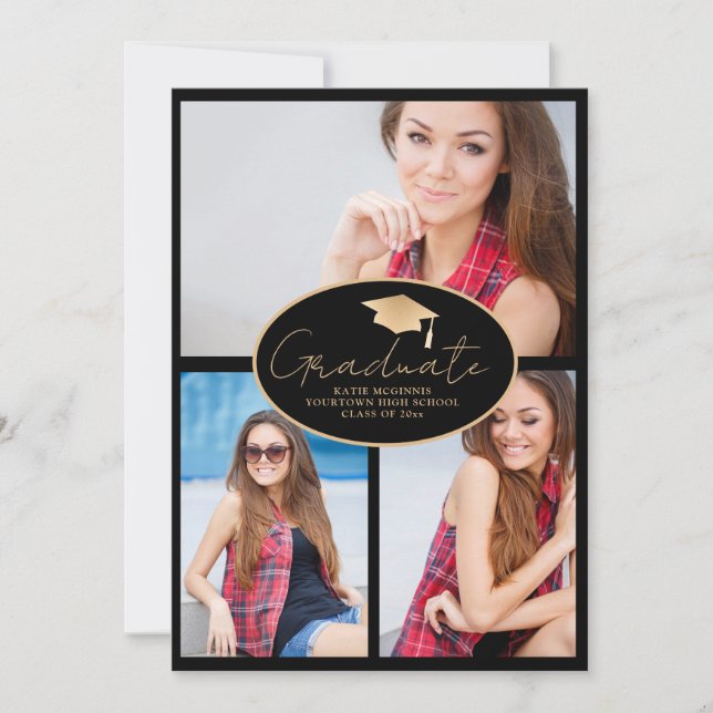 Modern Black Gold 3-Photo Graduation  Announcement (Front)