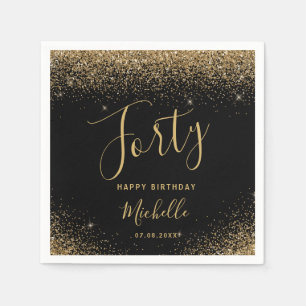 Modern Black Gold 40th Birthday Glitter Script Napkin