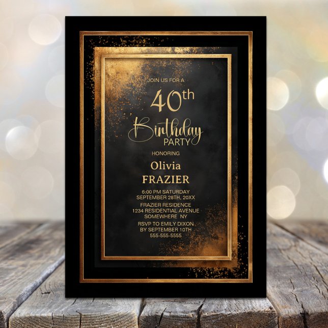 Modern Black Gold 40th Birthday Party Invitation (Creator Uploaded)