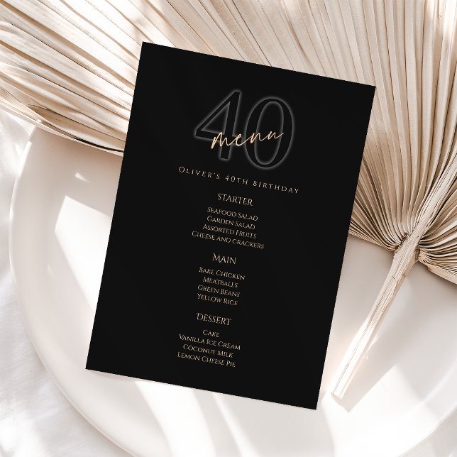 Modern Black Gold 40th Birthday Party Menu Card (Modern Black Gold 40th Birthday Party Menu Card)