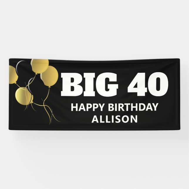 Modern Black Gold 40th Birthday Party Personalised Banner (Horizontal)