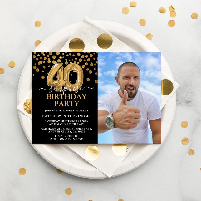 Modern Black & Gold 40th Surprise Birthday Photo Invitation (Creator Uploaded)