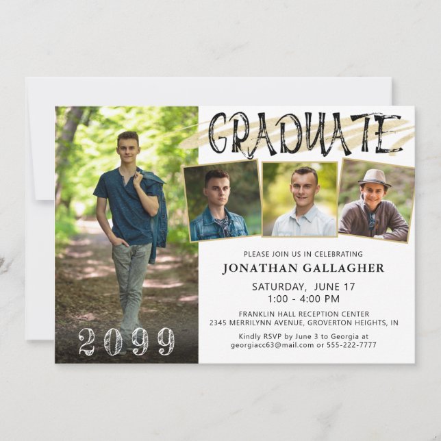 Modern Black Gold 4 Photos Hand Lettered Graduate Invitation (Front)