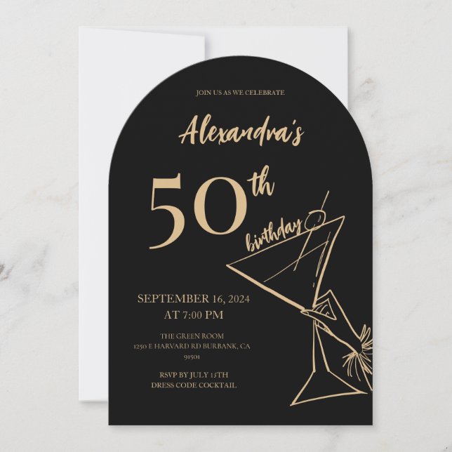 Modern Black Gold 50th Birthday Cocktail  Invitation (Front)