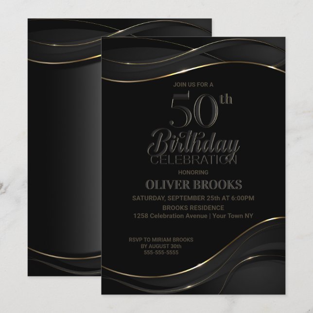 Modern Black Gold 50th Birthday Party Invitation (Front/Back)