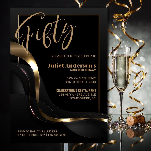 Modern Black Gold 50th Birthday Party Invitation (Creator Uploaded)