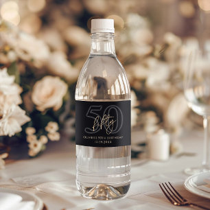 Modern Black Gold 50th Birthday Party Water Bottle Label