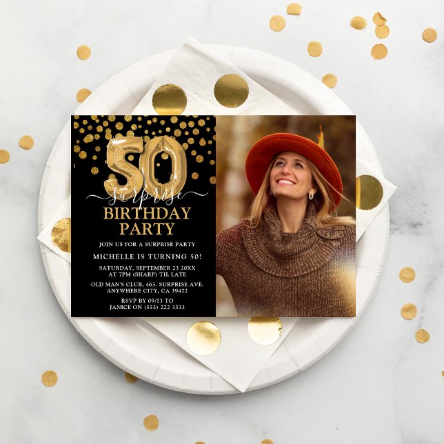 Modern Black & Gold 50th Surprise Birthday Photo Invitation (Creator Uploaded)