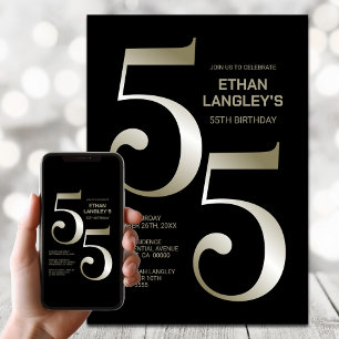 Modern Black Gold 55th Birthday Party Invitation