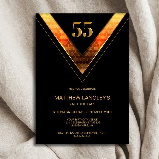 Modern Black Gold 55th Birthday Party Invitation (Creator Uploaded)