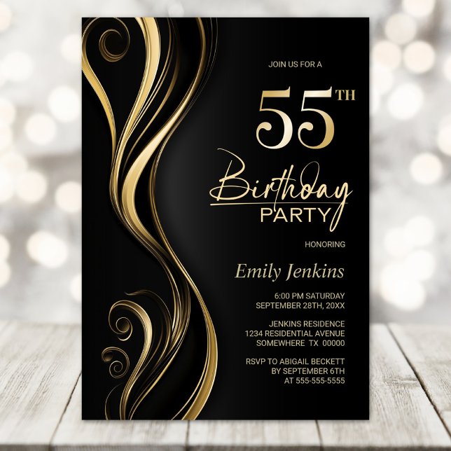 Modern Black Gold 55th Birthday Party Invitation (Creator Uploaded)