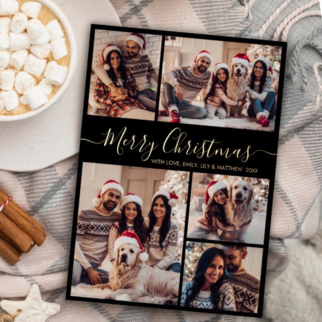 Modern Black Gold 5 photo Collage Christmas Foil Holiday Postcard (Creator Uploaded)