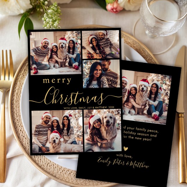 Modern Black Gold 5 Photo Collage Christmas  Holiday Card (Creator Uploaded)