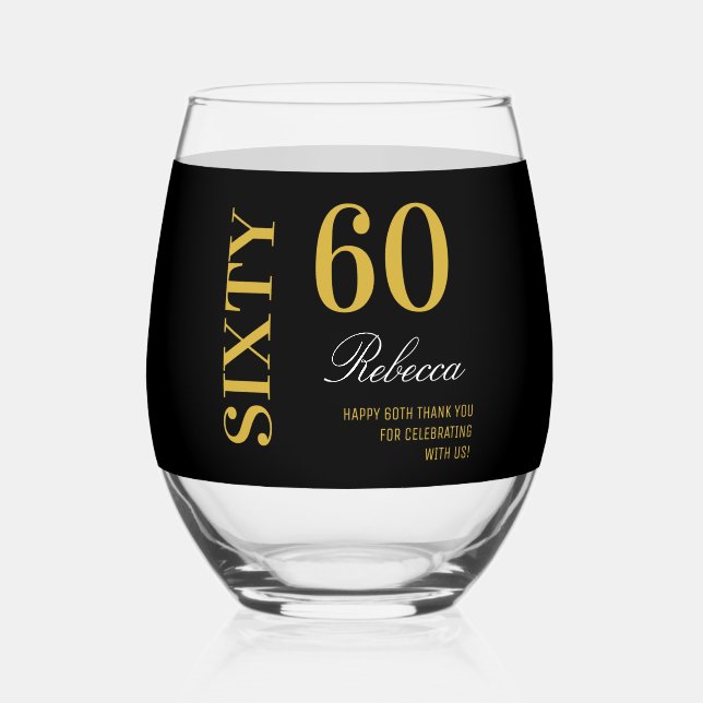 Modern Black & Gold 60th Birthday Cocktail Party  Stemless Wine Glass (Front)