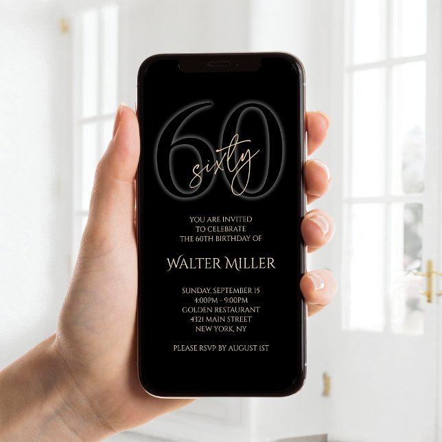 Modern Black Gold 60th Birthday Mobile Invite (Modern Black Gold 60th Birthday Mobile Invite)