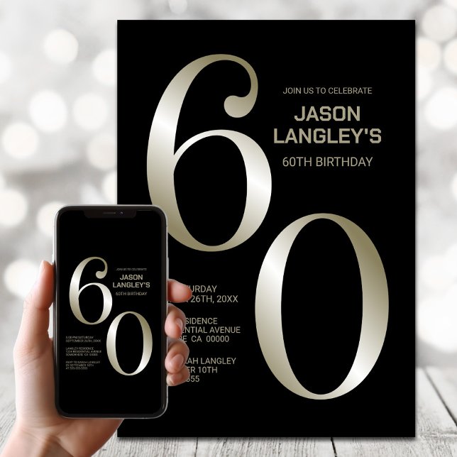 Modern Black Gold 60th Birthday Party Invitation (Creator Uploaded)