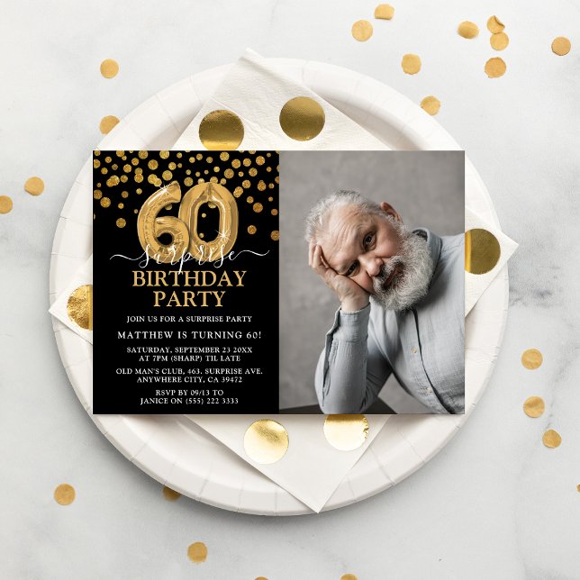 Modern Black & Gold 60th Surprise Birthday Photo Invitation (Creator Uploaded)