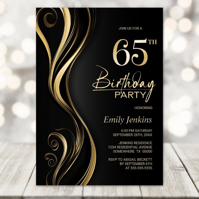 Modern Black Gold 65th Birthday Party Invitation (Creator Uploaded)