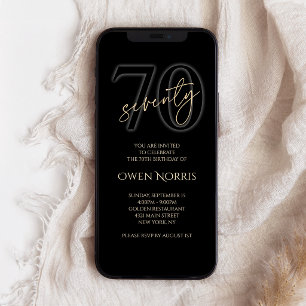 Modern Black Gold 70th Birthday Mobile Invite