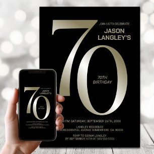 Modern Black Gold 70th Birthday Party Invitation