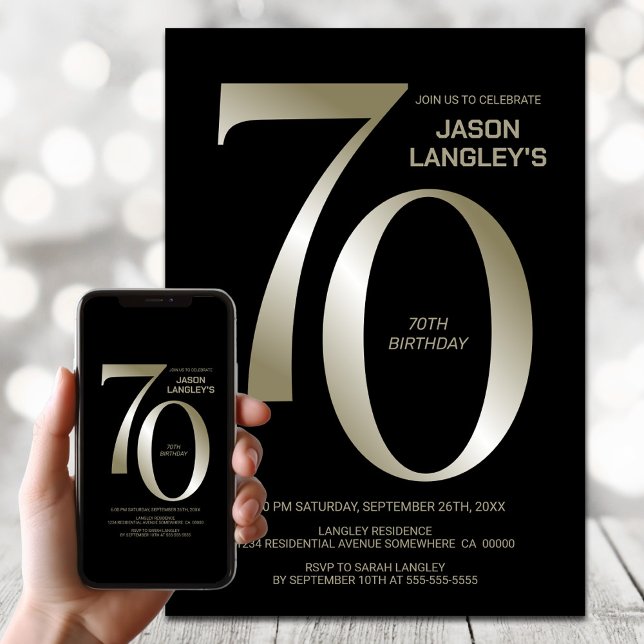 Modern Black Gold 70th Birthday Party Invitation (Creator Uploaded)