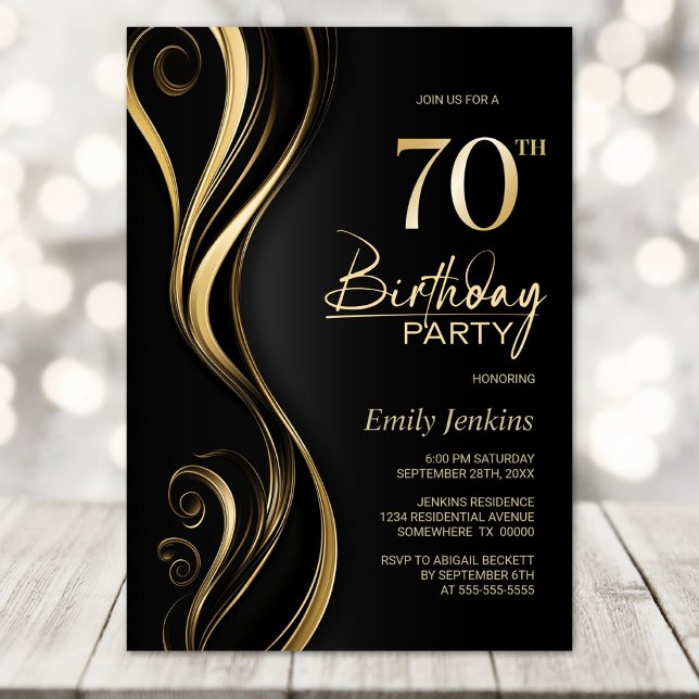 Modern Black Gold 70th Birthday Party Invitation (Creator Uploaded)