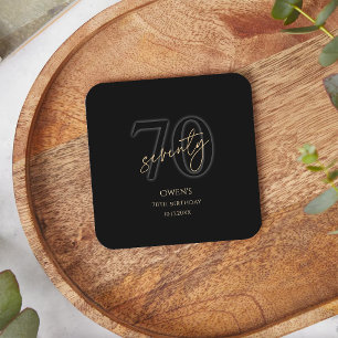 Modern Black Gold 70th Birthday Party Square Pape Paper Coaster