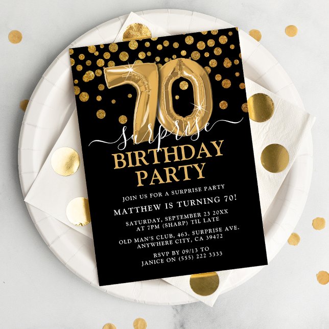 Modern Black & Gold 70th Surprise Birthday Party Invitation (Creator Uploaded)