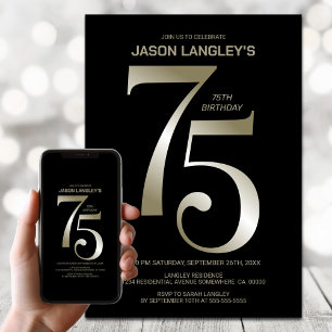 Modern Black Gold 75th Birthday Party Invitation