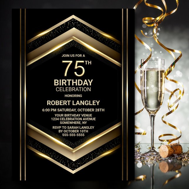 Modern Black Gold 75th Birthday Party Invitation (Creator Uploaded)