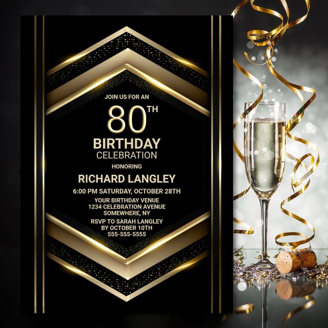 Modern Black Gold 80th Birthday Party Invitation (Creator Uploaded)
