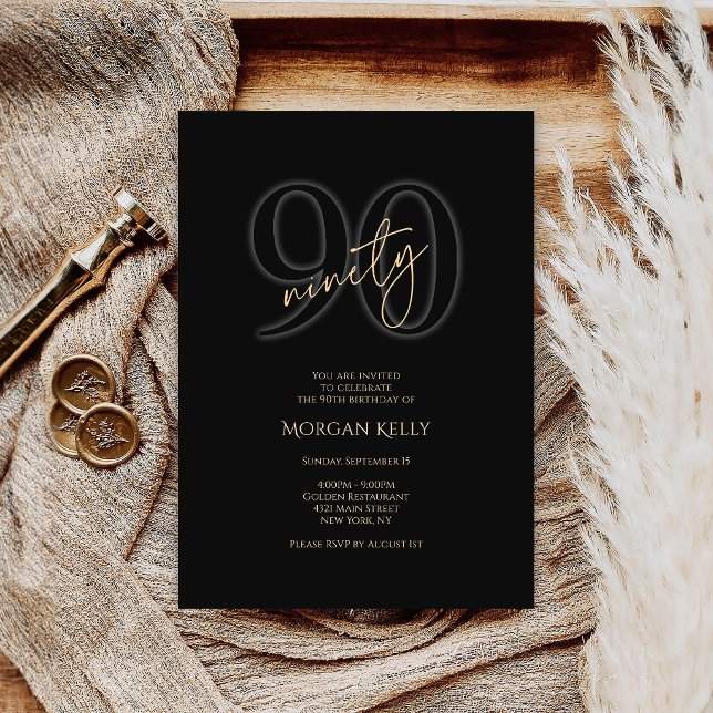 Modern Black Gold 90th Birthday Invitation (Modern Black Gold 90th Birthday Invitation Card)
