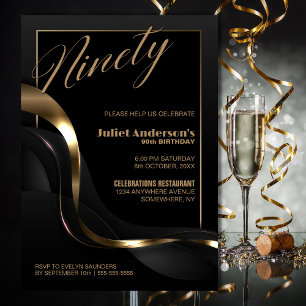 Modern Black Gold 90th Birthday Party Invitation