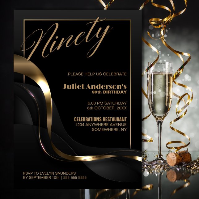 Modern Black Gold 90th Birthday Party Invitation (Creator Uploaded)