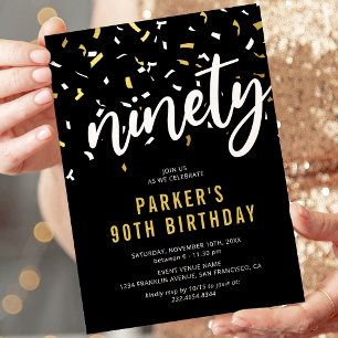 Modern Black & Gold 90th Birthday Party Invitation
