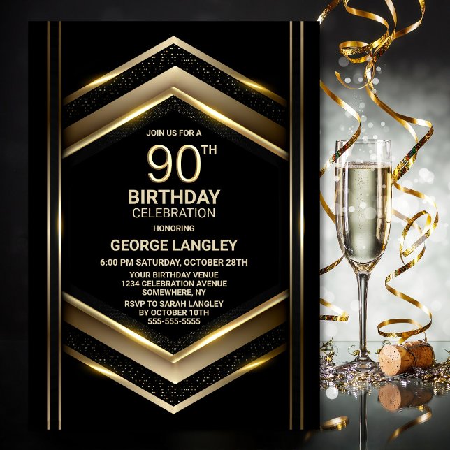 Modern Black Gold 90th Birthday Party Invitation (Creator Uploaded)