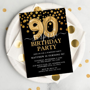 Modern Black & Gold 90th Surprise Birthday Party Invitation