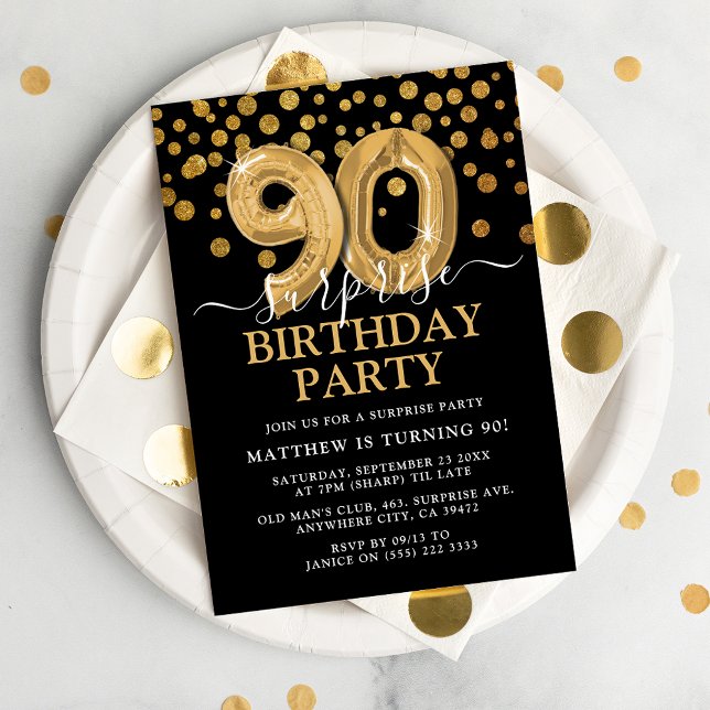 Modern Black & Gold 90th Surprise Birthday Party Invitation (Creator Uploaded)