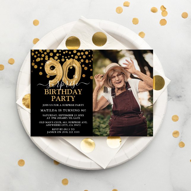Modern Black & Gold 90th Surprise Birthday Photo Invitation (Creator Uploaded)