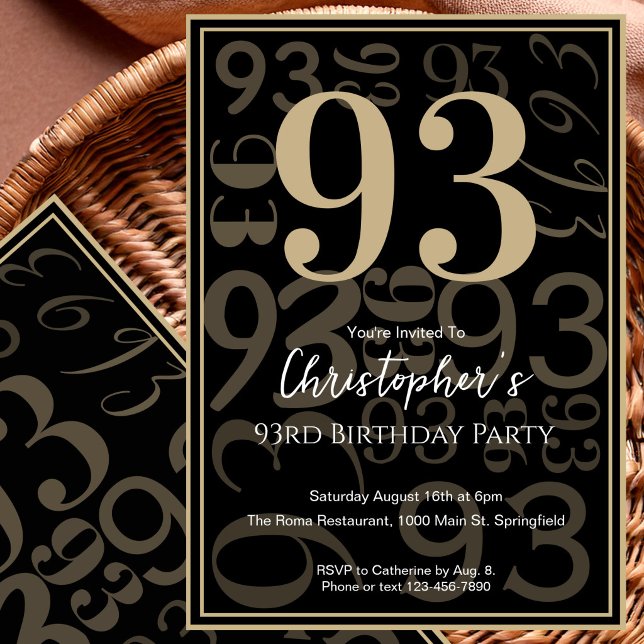 Modern Black Gold 93rd Birthday Invitation For Him (Creator Uploaded)